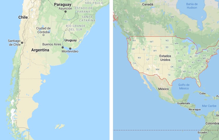 Qué es más grande Argentina o Estados Unidos
