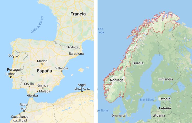 Qué es más grande España o Noruega